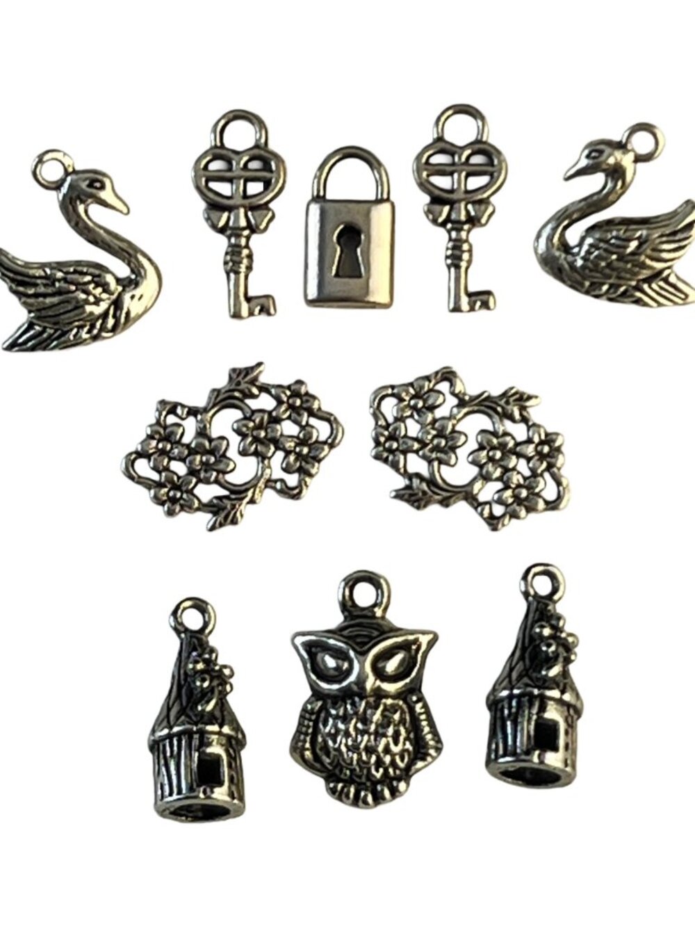 Vintage Style Antique Silver Mixed Tiny Charms Set - 9pc Swan Owl Fairy House